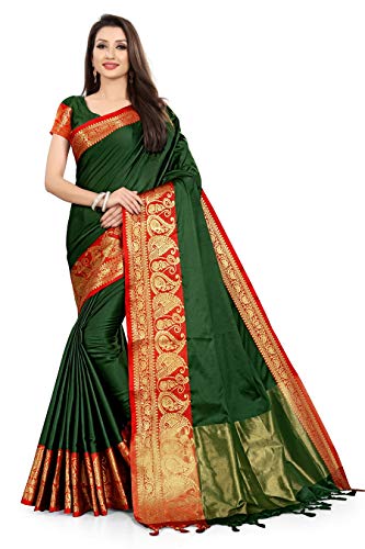 TreegoArt Fashion Ethnische indische Saree aus Baumwolle und Seide für Damen mit ungesticktem Blusenteil -(Richa-GreenRed) von TreegoArt Fashion