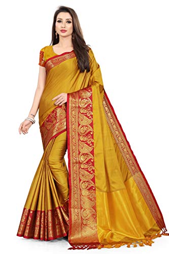 TreegoArt Fashion Ethnische indische Saree aus Baumwolle und Seide für Damen mit ungesticktem Blusenteil -(Richa-MustardRed) von TreegoArt Fashion