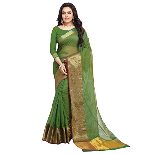 TreegoArt Fashion Frauen, s Kota Doria Cotton Plain Saree Mit Unstitched Bluse Stück (Bahubali Green_Green) von TreegoArt Fashion