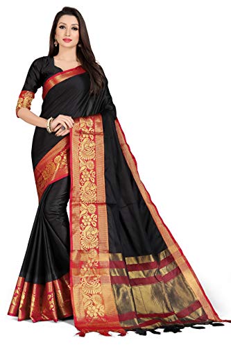 TreegoArt Fashion Indischer Saree aus Baumwollseide für Damen mit ungesticktem Blusenteil -(PEACOCK-BLACK-RED) von TreegoArt Fashion