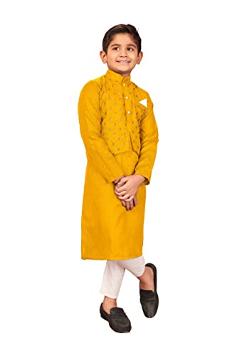 TreegoArt Fashion Pure Cotton Ethnic Wear Kids Kurta Pyjama Set mit Knopf für Jungen -(Squirrel605-Yellow-26) von TreegoArt Fashion