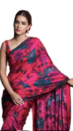 TreegoArt Fashion Reiner Chinon für Damen, Blumendruck, Partykleidung, Saree mit nicht genähtem Blusenteil -(Kriti Sanon Pink) von TreegoArt Fashion