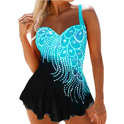 Treer Badeanzug Damen Bikini, 2 Stück Tankini Shorts High Waist Bademode Strap Reizvolles Swimsuit Set Push Up Schlankheits Bandeau Rüschen Retro Stil Sexy Strand (8XL,Hellblau) von Treer