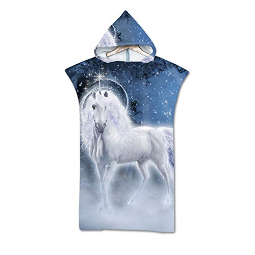 Treer Badeponcho Strand Poncho Strandtücher Handtuch Poncho mit Kapuze Einhorn Süßdruck Schnelltrockend Bade Bademantel Badetuch Duschtücher Für Umziehhilfe (75x110cm,Weiß) von Treer