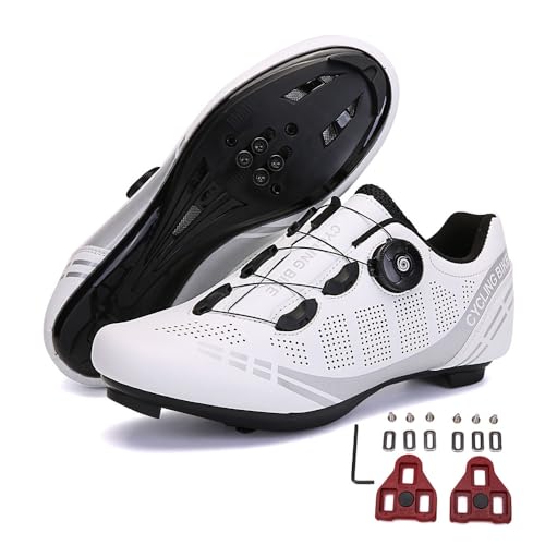 Treer Fahrradschuhe Herren Damen Rennradschuhe mit Cleats, SPD Schuhe Rennrad Schuhe Mountain Road Bikes Schuh Kompatibel Outdoor Radschuhe Fahrrad Indoor Spin 41 EU Weiß von Treer