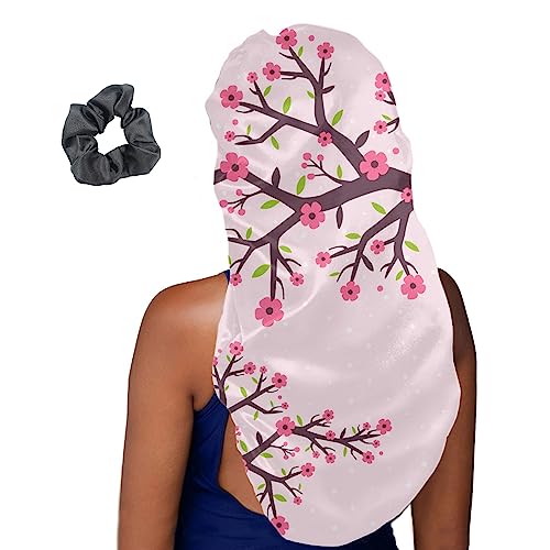 Treer Haarhaube für die Nacht Lange Haare, 3D Kirschblüten Drucken Damen Mädchen Schlafkappe für Haare 2 Stück Haarhaube Lange Haare Bonnet Schlafmütze (Rosa Blütenblätter,Eine Größe) von Treer