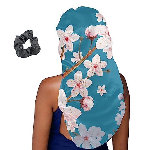 Treer Haarhaube für die Nacht Lange Haare, 3D Pfirsichblüte Drucken Damen Mädchen Schlafkappe für Haare Haarhaube Lange Haare Bonnet Schlafmütze für Lockiges Haar (1 Stück,Blau) von Treer