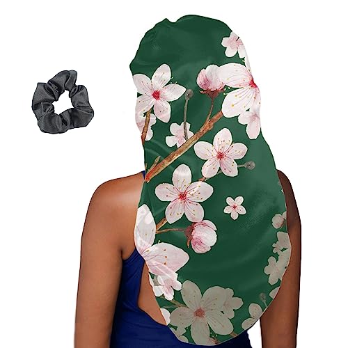 Treer Haarhaube für die Nacht Lange Haare, 3D Pfirsichblüte Drucken Damen Mädchen Schlafkappe für Haare Haarhaube Lange Haare Bonnet Schlafmütze für Lockiges Haar (1 Stück,Dunkelgrün) von Treer