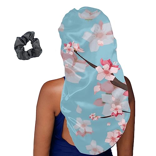 Treer Haarhaube für die Nacht Lange Haare, 3D Pfirsichblüte Drucken Damen Mädchen Schlafkappe für Haare Haarhaube Lange Haare Bonnet Schlafmütze für Lockiges Haar (1 Stück,Hellblau) von Treer