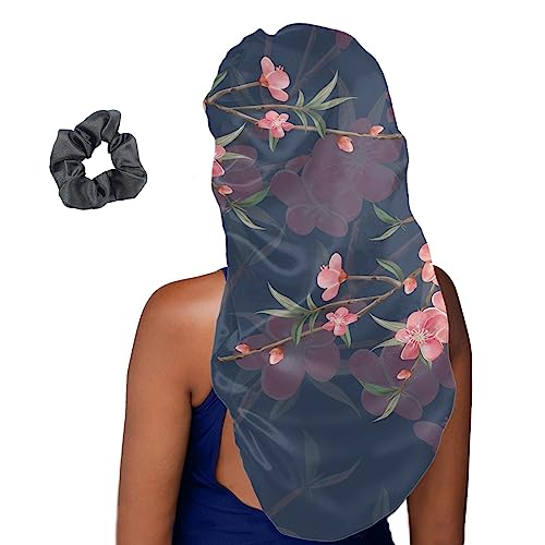 Treer Haarhaube für die Nacht Lange Haare, 3D Pfirsichblüte Drucken Damen Mädchen Schlafkappe für Haare Haarhaube Lange Haare Bonnet Schlafmütze für Lockiges Haar (2 Stücke,Pfirsichzweig) von Treer