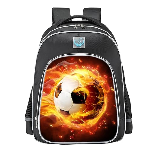 Treer Rucksack Kinder, Schulrucksack für Kinder 17L Kinderrucksack Mädchen Jungen Kindergartenrucksack Schulranzen 1-9 Klasse, Schulranzen für Schule Reisen (Flamme Fußball 1,28x16x38cm) von Treer