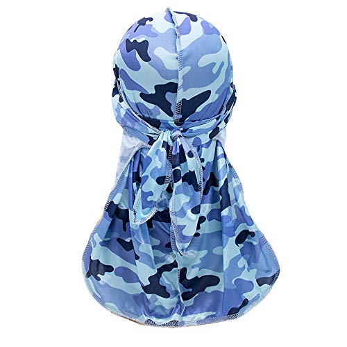 Treer Seide Kopftuch Herren Damen Modische Hip-Hop Tarnung Durag mit Long Tail, Piratenkappe Unisex Einstellbar Stirnband Kopfbedeckung Bandana Fahrrad Motorrad Headwraps (100cm,Blau) von Treer