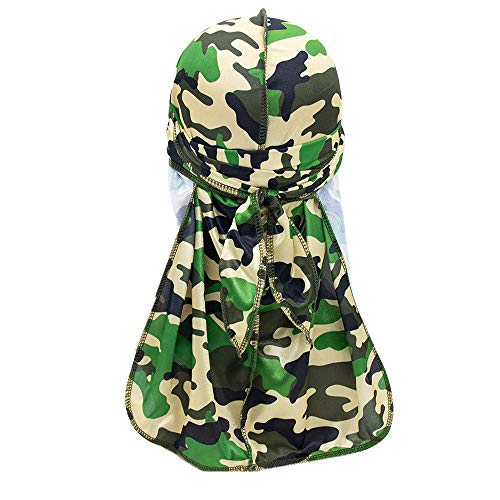 Treer Seide Kopftuch Herren Damen Modische Hip-Hop Tarnung Durag mit Long Tail, Piratenkappe Unisex Einstellbar Stirnband Kopfbedeckung Bandana Fahrrad Motorrad Headwraps (100cm,Grün) von Treer