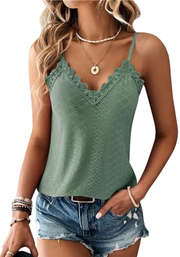 TrendiMax Damen Spitze Top Sommer V Ausschnitt Spaghetti Oberteile Ärmellose Shirt Sexy Cami Top (L, Olivegrün) von TrendiMax