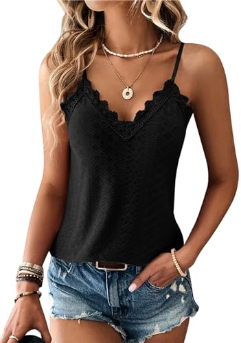 TrendiMax Damen Spitze Top Sommer V Ausschnitt Spaghetti Oberteile Ärmellose Shirt Sexy Cami Top (L, Schwarz) von TrendiMax