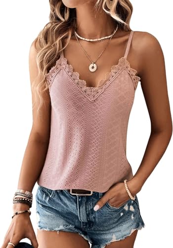 TrendiMax Damen Spitze Top Sommer V Ausschnitt Spaghetti Oberteile Ärmellose Shirt Sexy Cami Top (M, Rosa) von TrendiMax