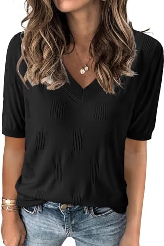 TrendiMax Damen T-Shirt V Ausschnitt Kurzarm Strick Shirt Dünne Pullover Sommer Frühling Strickpullover Casual Oberteile Bluse Tops (L, Schwarz) von TrendiMax