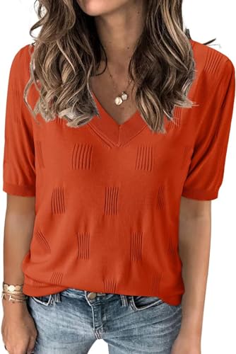 TrendiMax Damen T-Shirt V Ausschnitt Kurzarm Strick Shirt Dünne Pullover Sommer Frühling Strickpullover Casual Oberteile Bluse Tops (M, Orange) von TrendiMax