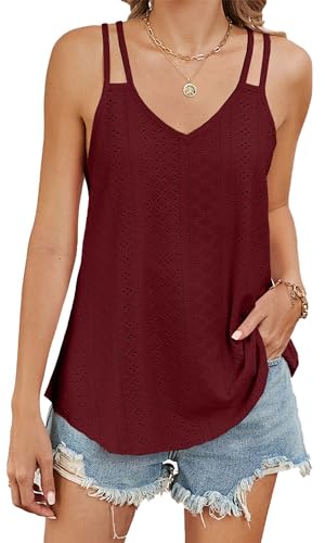 TrendiMax Tank Top Damen Sommer V Ausschnitt Spaghetti Cami Oberteile Ärmellose Blusen Shirt Träger Tops (L, Weinrot) von TrendiMax