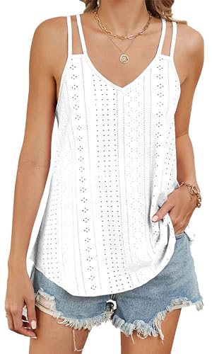 TrendiMax Tank Top Damen Sommer V Ausschnitt Spaghetti Cami Oberteile Ärmellose Blusen Shirt Träger Tops (M, Weiß) von TrendiMax