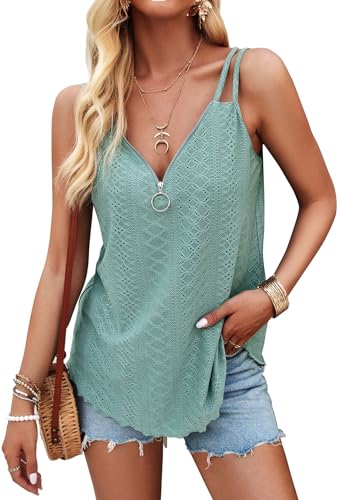 TrendiMax Tank Top Damen Sommer Spaghetti Cami Oberteile V Ausschnitt Ärmellose Blusen Shirt Träger Tops mit Reißverschluss (L, Olivegrün) von TrendiMax