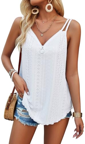 TrendiMax Tank Top Damen Sommer Spaghetti Cami Oberteile V Ausschnitt Ärmellose Blusen Shirt Träger Tops mit Reißverschluss (M, Weiß) von TrendiMax