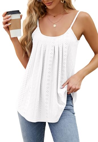 TrendiMax Tank Top Damen Sommer Spaghetti Cami Oberteile Ärmellose Blusen Shirt Falten Lang Tops Einfarbig (S, Weiß) von TrendiMax