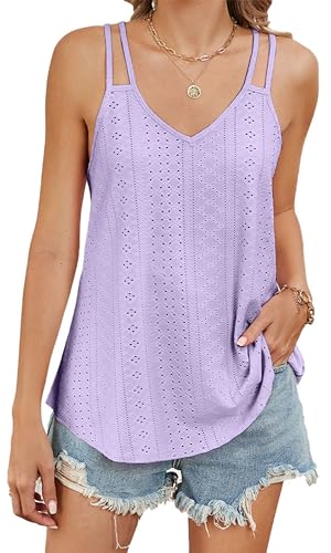 TrendiMax Tank Top Damen Sommer V Ausschnitt Spaghetti Cami Oberteile Ärmellose Blusen Shirt Träger Tops (L, Helllila) von TrendiMax