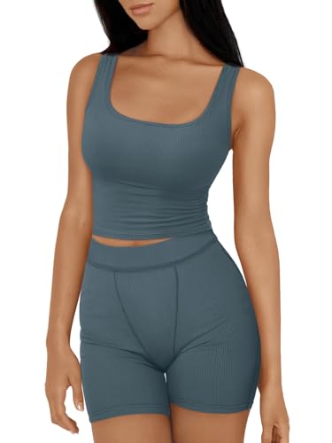 Trendy Queen 2-teiliges Workout-Set für Damen, Lounge-Set, bauchfreie Tank-Tops und Yoga-Leggings mit hoher Taille, Activewear, Bluegrey, Medium von Trendy Queen