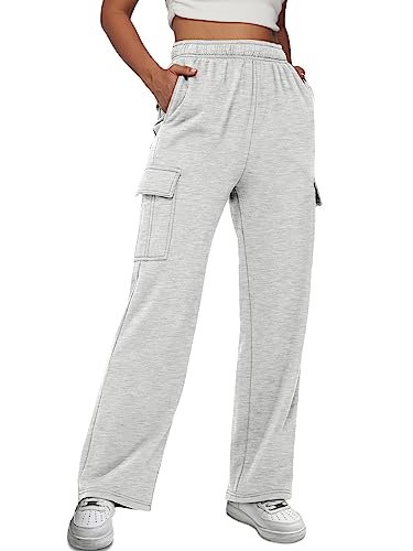 Trendy Queen Cargo-Sweathose für Damen, weites Bein, weit geschnitten, Fleece, hohe Taille, Sporthose, mit Taschen, GRAU, M von Trendy Queen