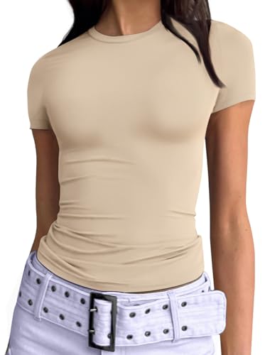 Trendy Queen Damen Basic T-Shirts U-Ausschnitt Kurzarm Crop Tops Niedlich Sommer Tops Slim Fit Tees Y2k Kleidung 2024, Beige, Mittel von Trendy Queen