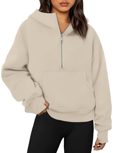 Trendy Queen Damen-Kapuzenpullover mit Viertelreißverschluss, übergroße Sweatshirts, halber Reißverschluss, Pullover mit Taschen, Herbstkleidung, aprikose, S von Trendy Queen