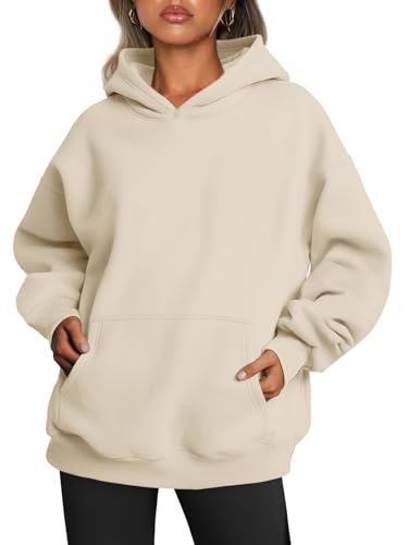 Trendy Queen Damen-Kapuzenpullover, übergroß, Fleece, langärmelig, Pullover, Herbstkleidung mit Tasche, Beige, L von Trendy Queen