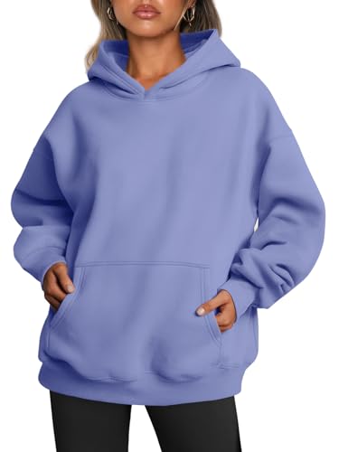 Trendy Queen Damen-Kapuzenpullover, übergroß, Fleece, langärmelig, Pullover, Herbstkleidung mit Tasche, Blau / Violett, M von Trendy Queen