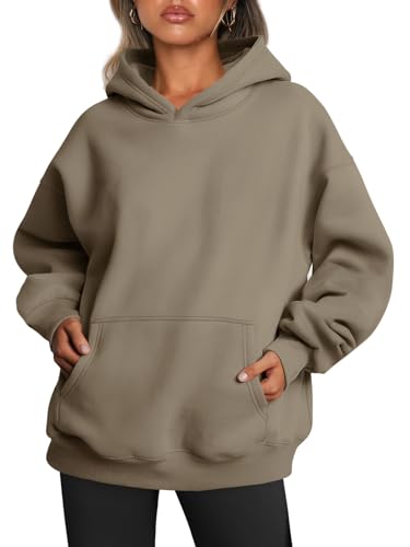 Trendy Queen Damen-Kapuzenpullover, übergroß, Fleece, langärmelig, Pullover, Herbstkleidung mit Tasche, Heller Kaffee, S von Trendy Queen