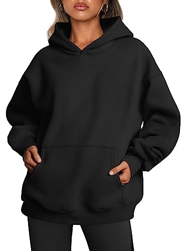 Trendy Queen Damen-Kapuzenpullover, übergroß, Fleece, langärmelig, Pullover, Herbstkleidung mit Tasche, Schwarz, S von Trendy Queen