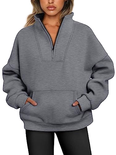 Trendy Queen Sweatshirts mit halbem Reißverschluss, Viertelreißverschluss, übergroße Hoodies, Pullover, Herbst-Outfits 2024, Y2K Winterkleidung, Dunkelgrau, XL von Trendy Queen