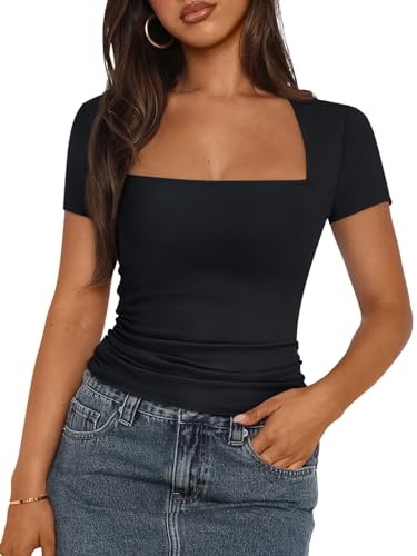 Trendy Queen Damen-Tops mit quadratischem Ausschnitt, kurzärmelig, zum Ausgehen, Schwarz, Mittel von Trendy Queen