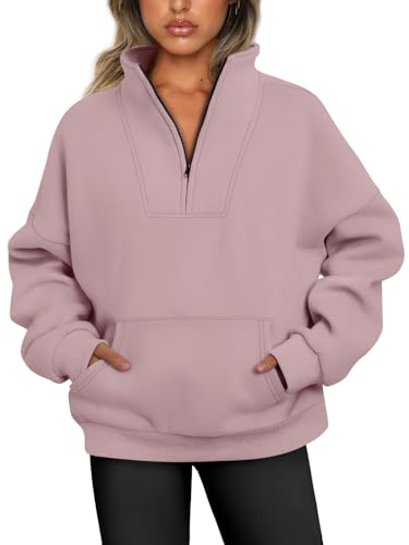 Trendy Queen Sweatshirts mit halbem Reißverschluss, Viertelreißverschluss, übergroße Hoodies, Pullover, Herbst-Outfits 2024, Y2K Winterkleidung, Dunkelrosa, S von Trendy Queen