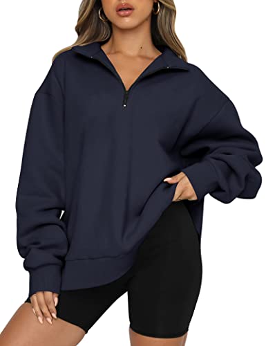 Trendy Queen Y2K Damen Oversize Half Zip Pullover Langarm Sweatshirt Viertelreißverschluss Hoodie Pullover Teenager Mädchen Herbst Y2K Kleidung, Blau dunkel, L von Trendy Queen