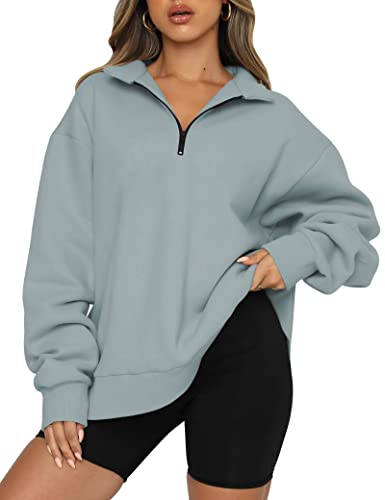 Trendy Queen Y2K Damen Oversize Half Zip Pullover Langarm Sweatshirt Viertelreißverschluss Hoodie Pullover Teenager Mädchen Herbst Y2K Kleidung, hellgrün, L von Trendy Queen