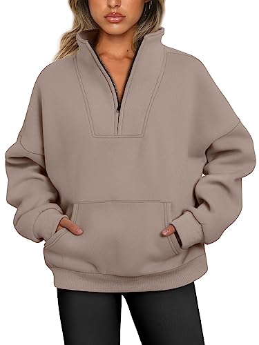 Trendy Queen Sweatshirts mit halbem Reißverschluss, Viertelreißverschluss, übergroße Hoodies, Pullover, Herbst-Outfits 2024, Y2K Winterkleidung, Kaffeegrau, S von Trendy Queen