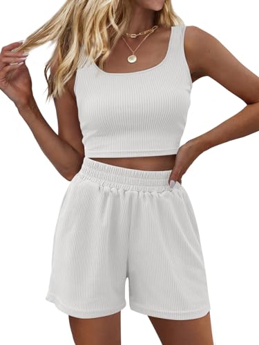 Trendy Queen Zweiteiliges Outfit für Damen, Sommer-Shorts, 2-teilig, ärmellos, passendes Lounge-Top und Shorts mit hoher Taille, Weiss/opulenter Garten, Small von Trendy Queen