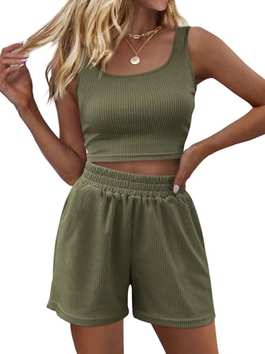 Trendy Queen Zweiteiliges Sommer-Outfits, Damen-Shorts-Set, 2-teilig, ärmellos, passendes Lounge-Top und Shorts mit hoher Taille, Army Grün, S von Trendy Queen