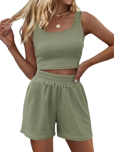 Trendy Queen Zweiteiliges Sommer-Outfits, Damen-Shorts-Set, 2-teilig, ärmellos, passendes Lounge-Top und Shorts mit hoher Taille, Grün , XL von Trendy Queen