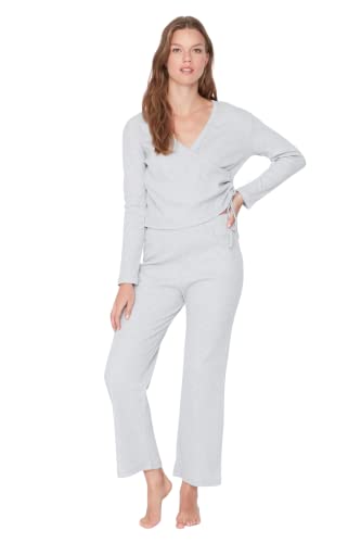 Trendyol Damen Unifarben Mitte Gestrickt T-Shirt-Hose Pyjama, Grau, S von TRENDYOL