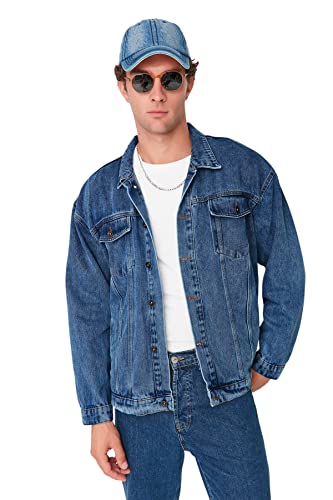 Trendyol Men's Herren jung Oversize Basic Plain Denim Jacke Coat, Blue, XL von Trendyol