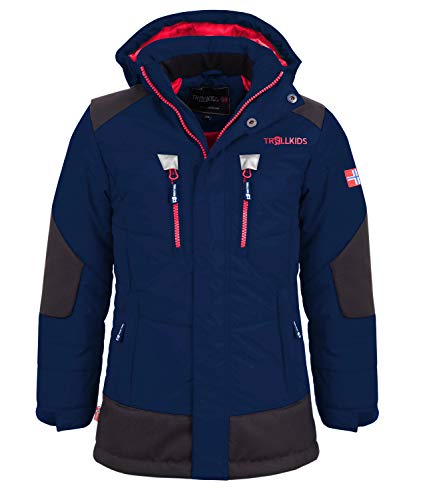 Trollkids Kinder gefütterter wasserdichter Winter-Parka, Ski- und Schneejacke Narvik, Marineblau/Rot, Größe 176 von Trollkids