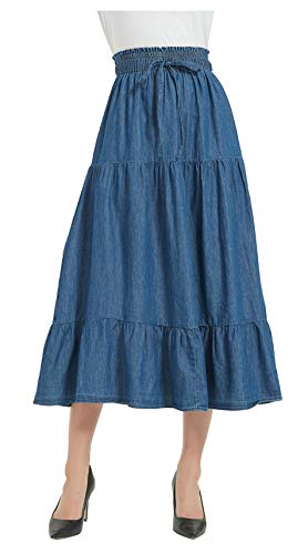 Tronjori Damen A-Linie, Langer Midi-Denim-Rock, müde plissiert, elastischer Taillenbund mit Kordelzug vorne - Blau - X-Klein Tronjori Damen A-Linie, Langer Midi-Denim-Rock, müde plissiert, elastischer Taillenbund mit Kordelzug vorne - Blau - X-Klein von Tronjori