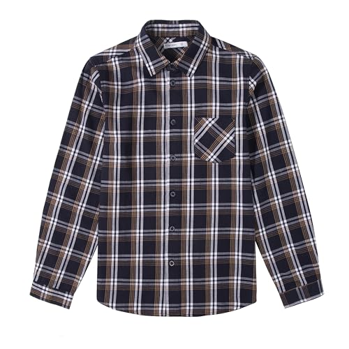 Tronjori Jungen Baumwolle Plaid Knopf unten Langarmshirts mit Brusttasche(12,Navy Weiß) von Tronjori